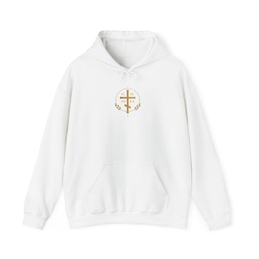 Christian Cross Hoodie — Gold Cross with Wings & Laurel Comfort Pullover