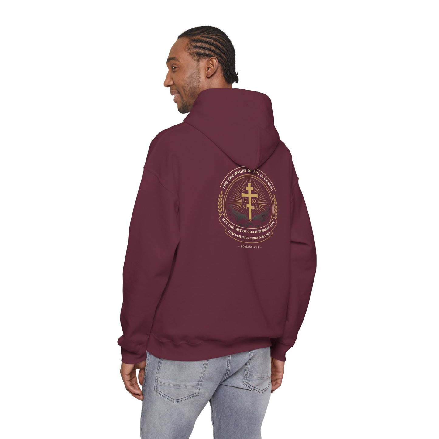 Christian Cross Hoodie — Gold Cross with Wings & Laurel Comfort Pullover