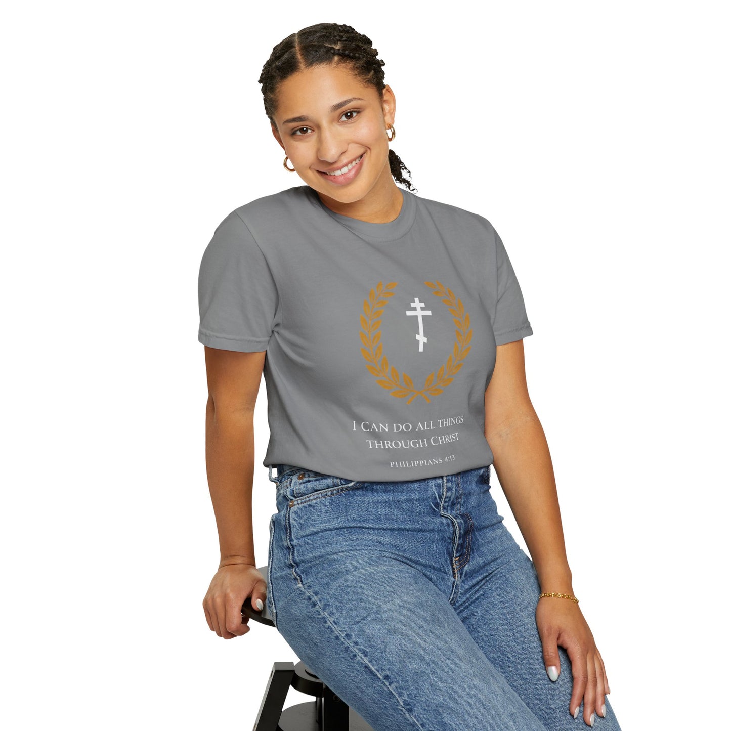 Christian T-Shirt — "I Can Do All Things Through Christ" Philippians 4:13 Cross Laurel Design