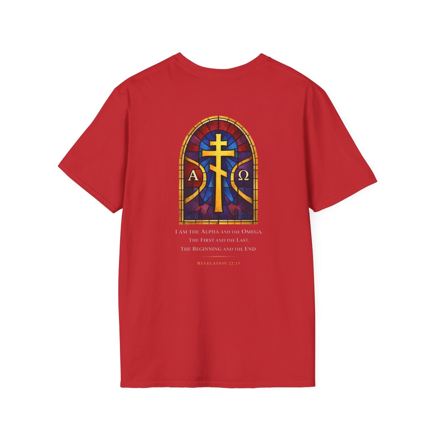 Christian Stained Glass Cross T-Shirt — "I Am the Alpha and the Omega"