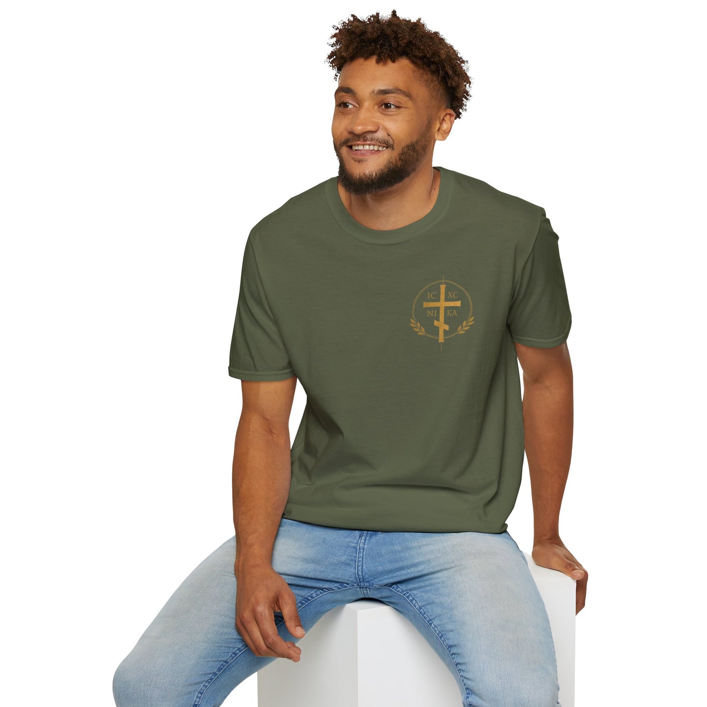 Christian Stained Glass Cross T-Shirt — "I Am the Alpha and the Omega"