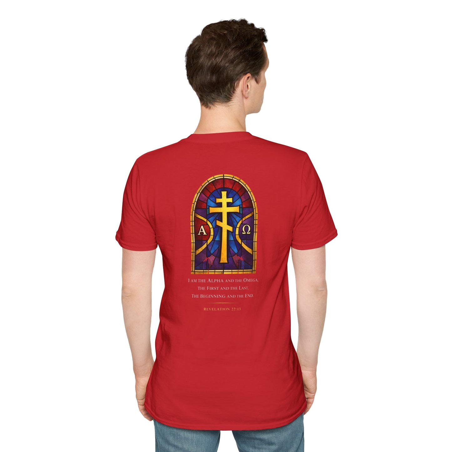 Christian Stained Glass Cross T-Shirt — "I Am the Alpha and the Omega"