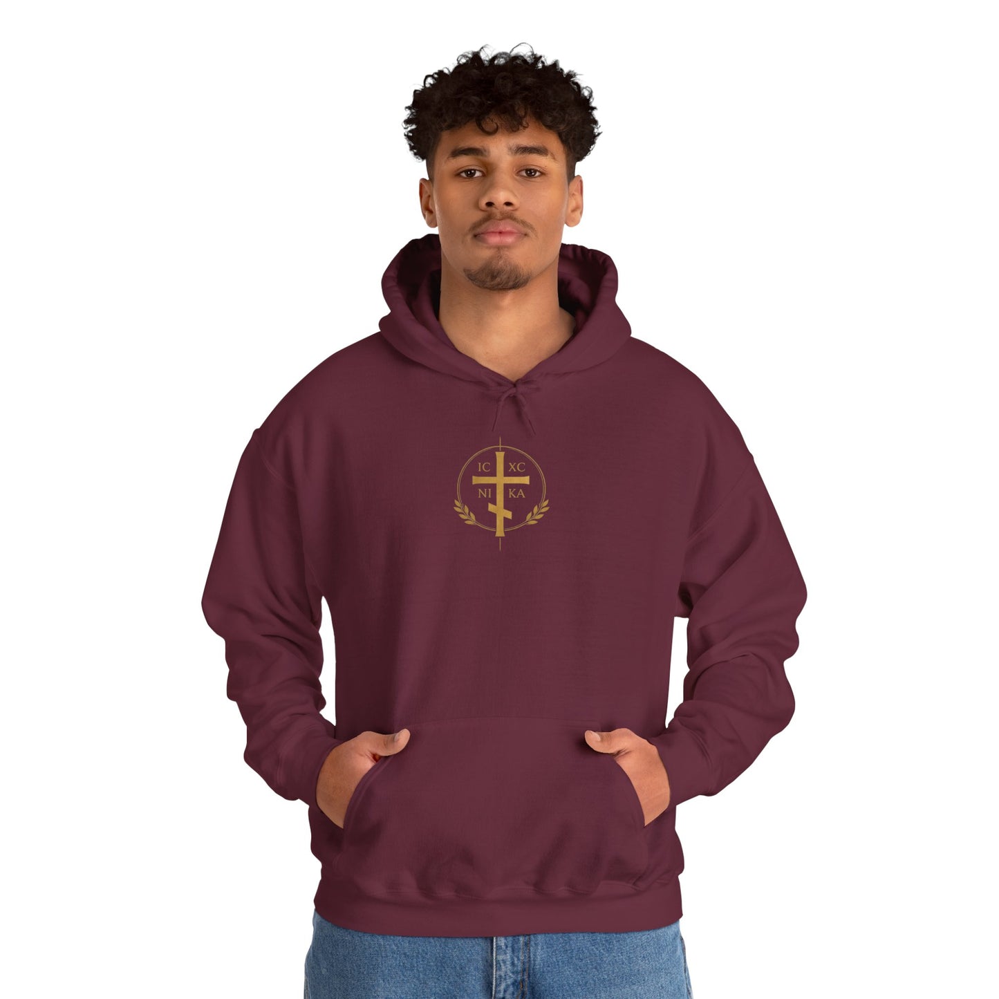 Christian Cross Hoodie — Gold Cross with Wings & Laurel Comfort Pullover