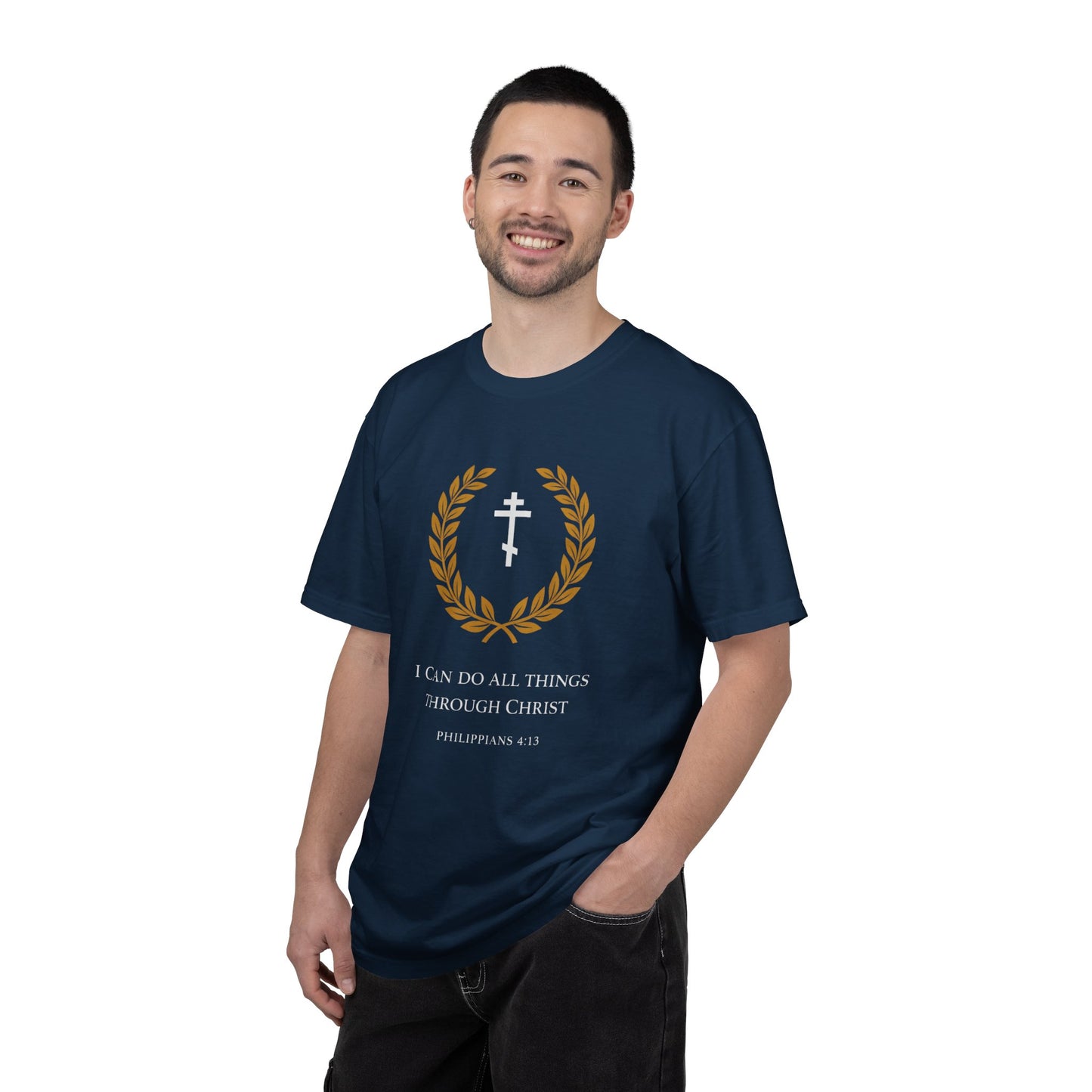 Christian T-Shirt — "I Can Do All Things Through Christ" Philippians 4:13 Cross Laurel Design