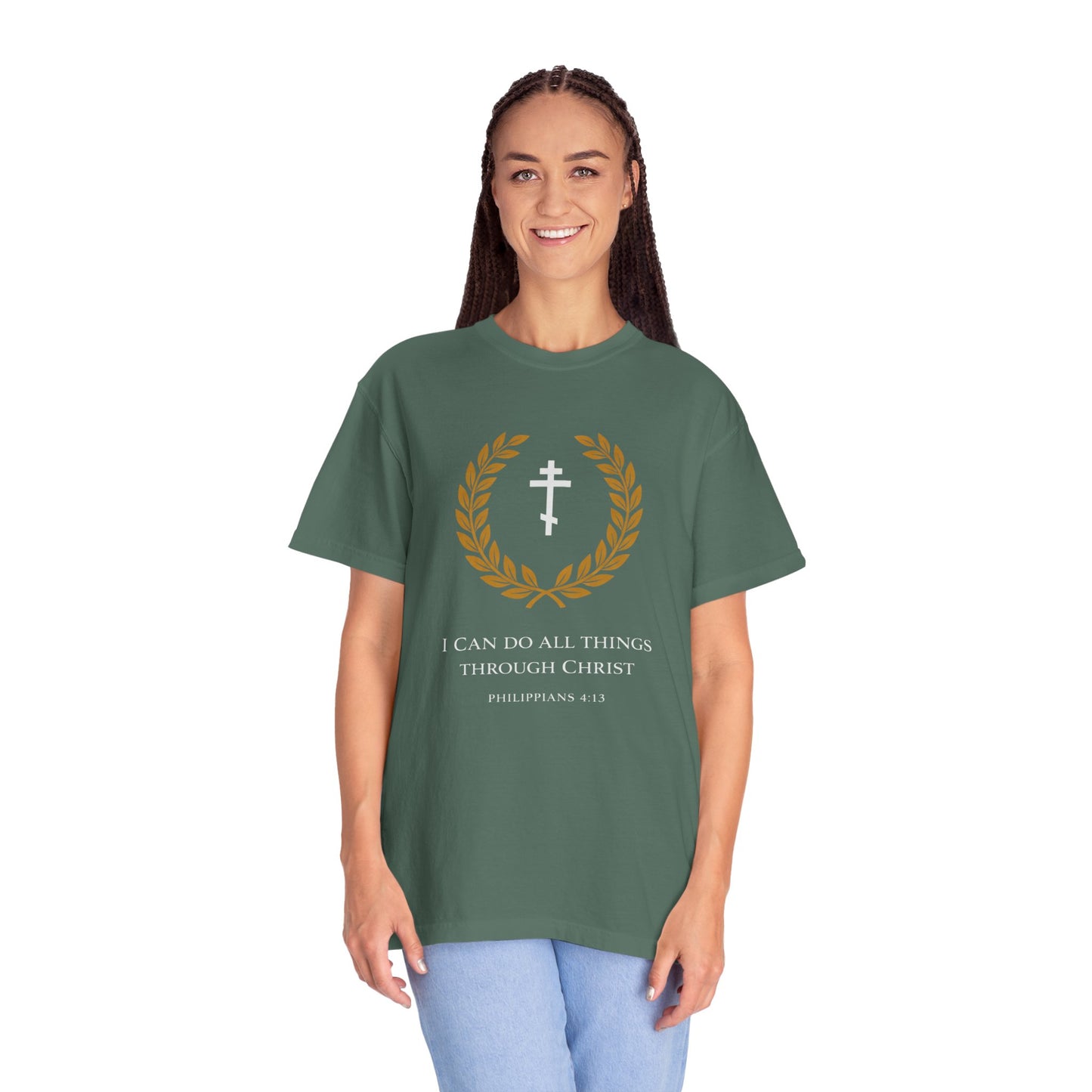 Christian T-Shirt — "I Can Do All Things Through Christ" Philippians 4:13 Cross Laurel Design