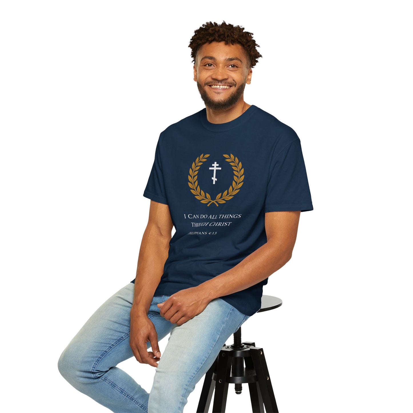 Christian T-Shirt — "I Can Do All Things Through Christ" Philippians 4:13 Cross Laurel Design