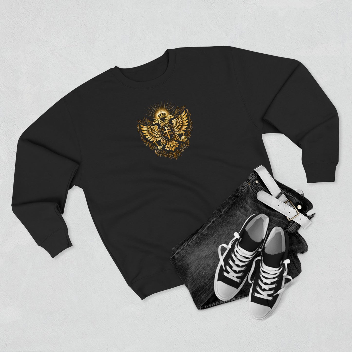 Golden Double-Headed Eagle Crewneck Sweatshirt — "I Am the Alpha and the Omega" Back Graphic