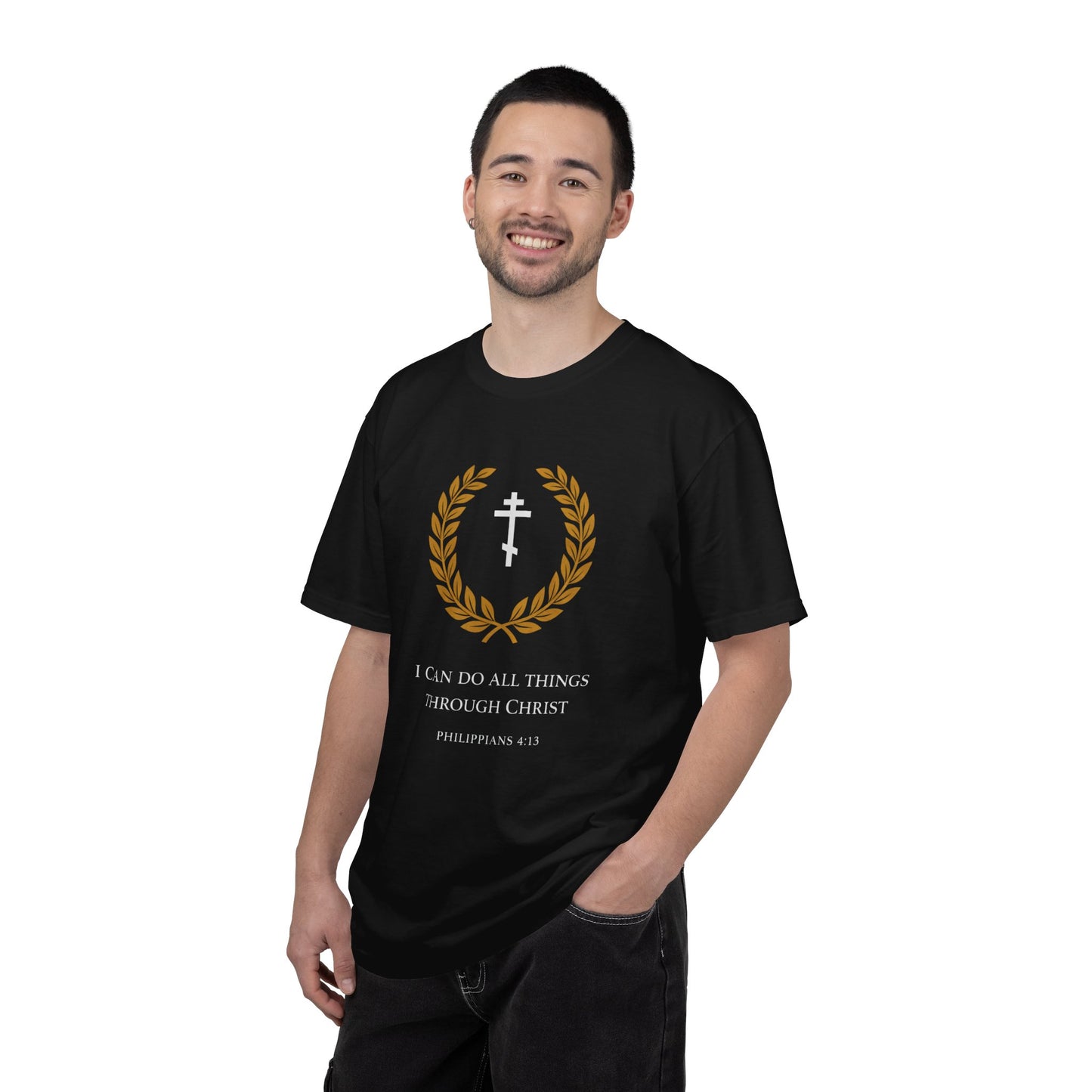Christian T-Shirt — "I Can Do All Things Through Christ" Philippians 4:13 Cross Laurel Design