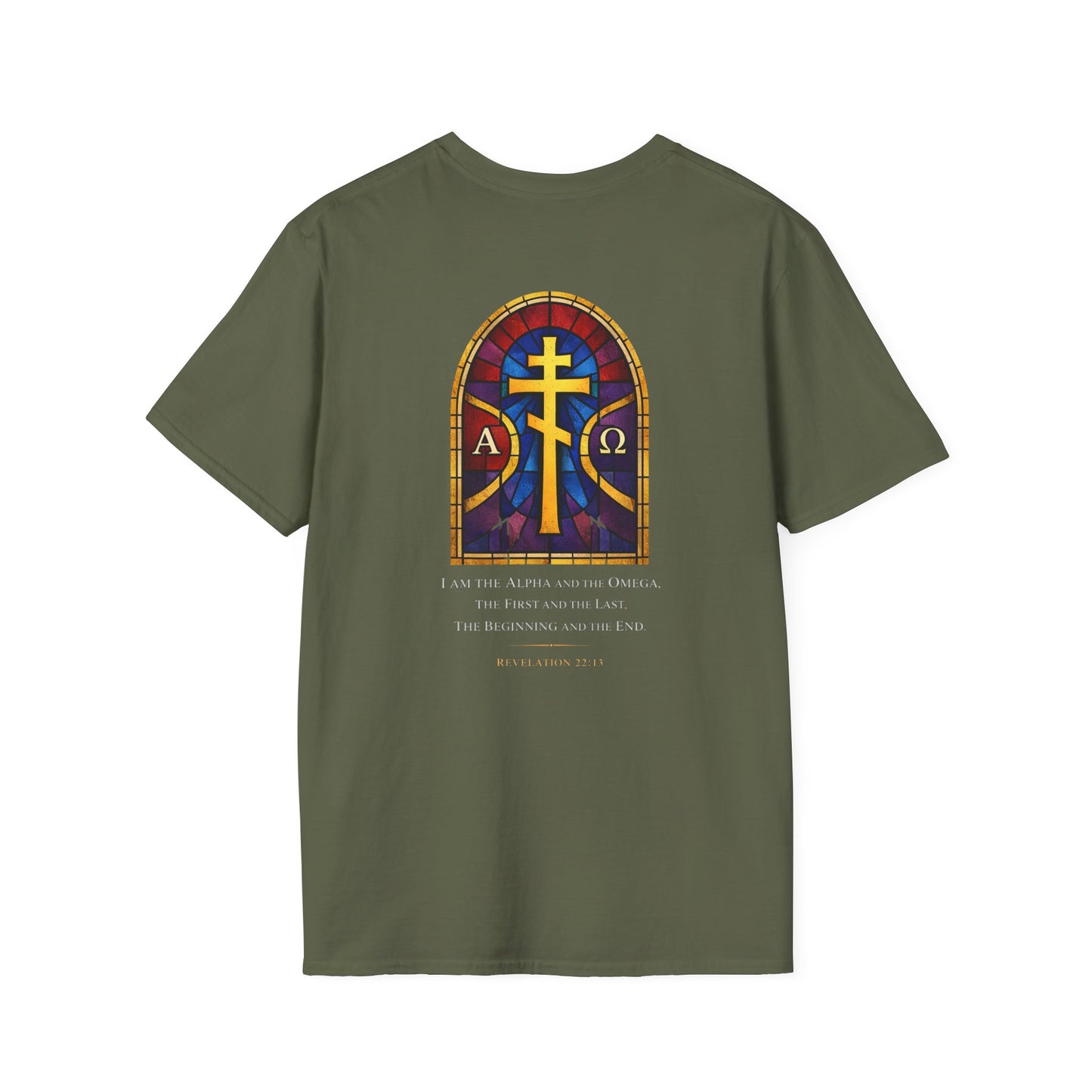 Christian Stained Glass Cross T-Shirt — "I Am the Alpha and the Omega"