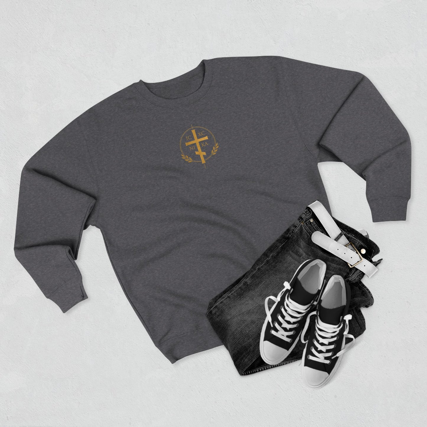Christian Alpha Omega Crewneck Sweatshirt — Gold Double-Headed Eagle & Cross