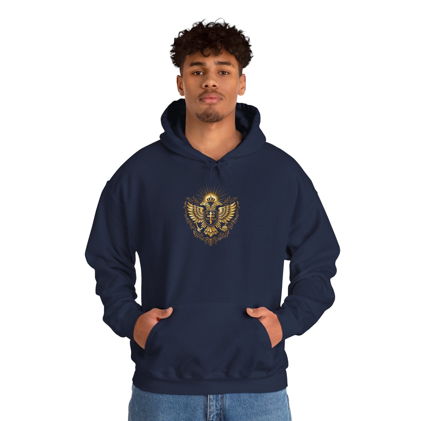 Christian Cross & Eagle Hoodie — Faith-Based Gold Emblem Sweatshirt