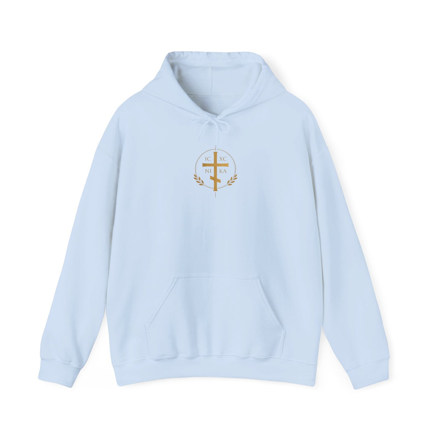 Christian Cross Hoodie — Gold Cross with Wings & Laurel Comfort Pullover