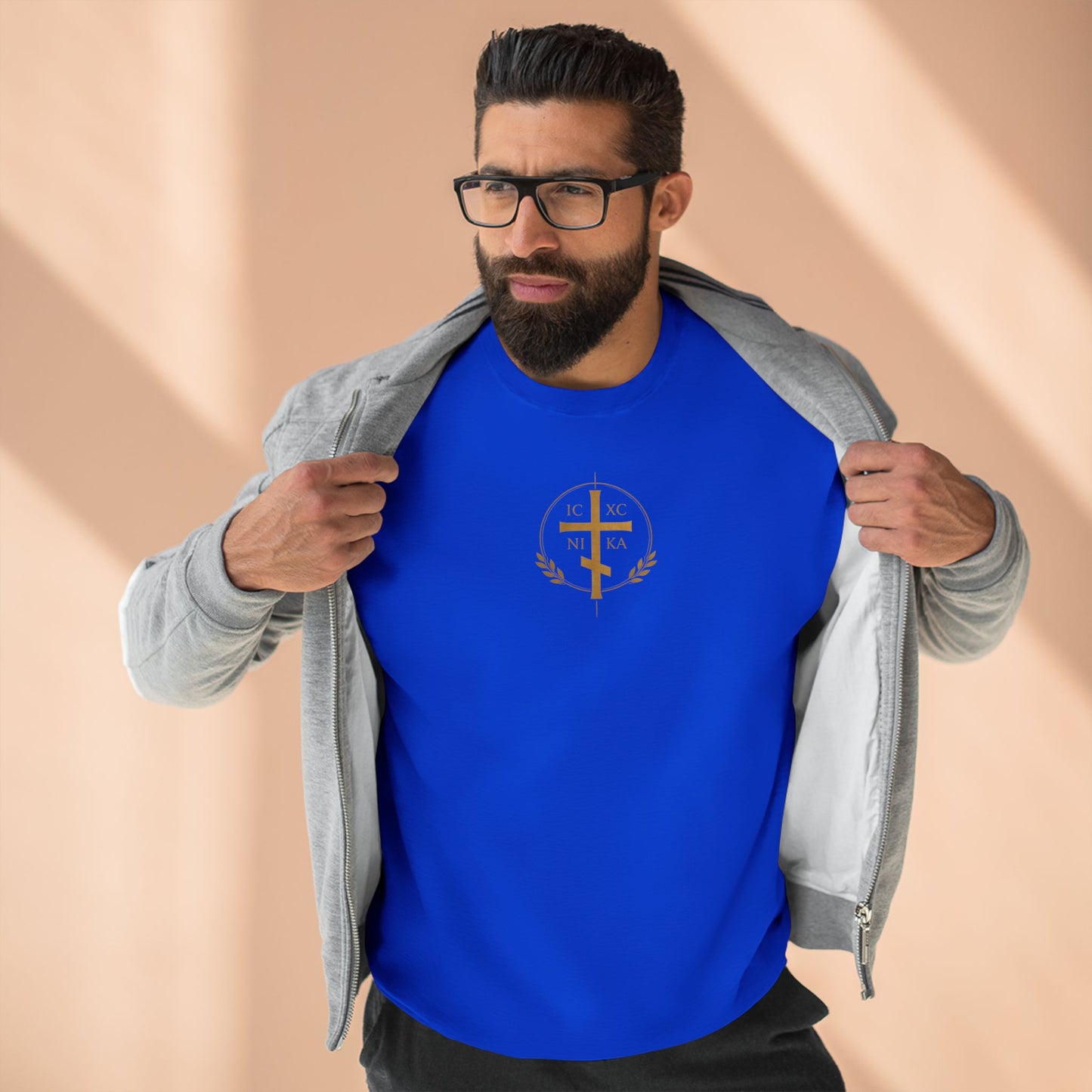 Christian Alpha Omega Crewneck Sweatshirt — Gold Double-Headed Eagle & Cross