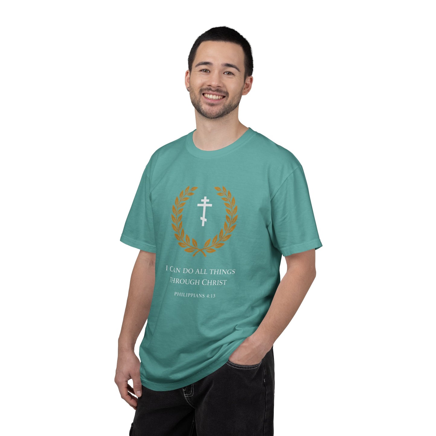 Christian T-Shirt — "I Can Do All Things Through Christ" Philippians 4:13 Cross Laurel Design