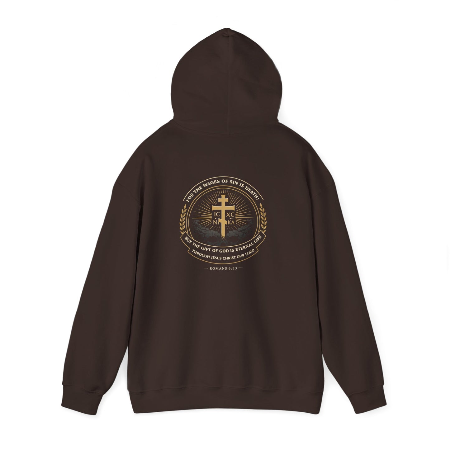 Christian Cross Hoodie — Gold Cross with Wings & Laurel Comfort Pullover