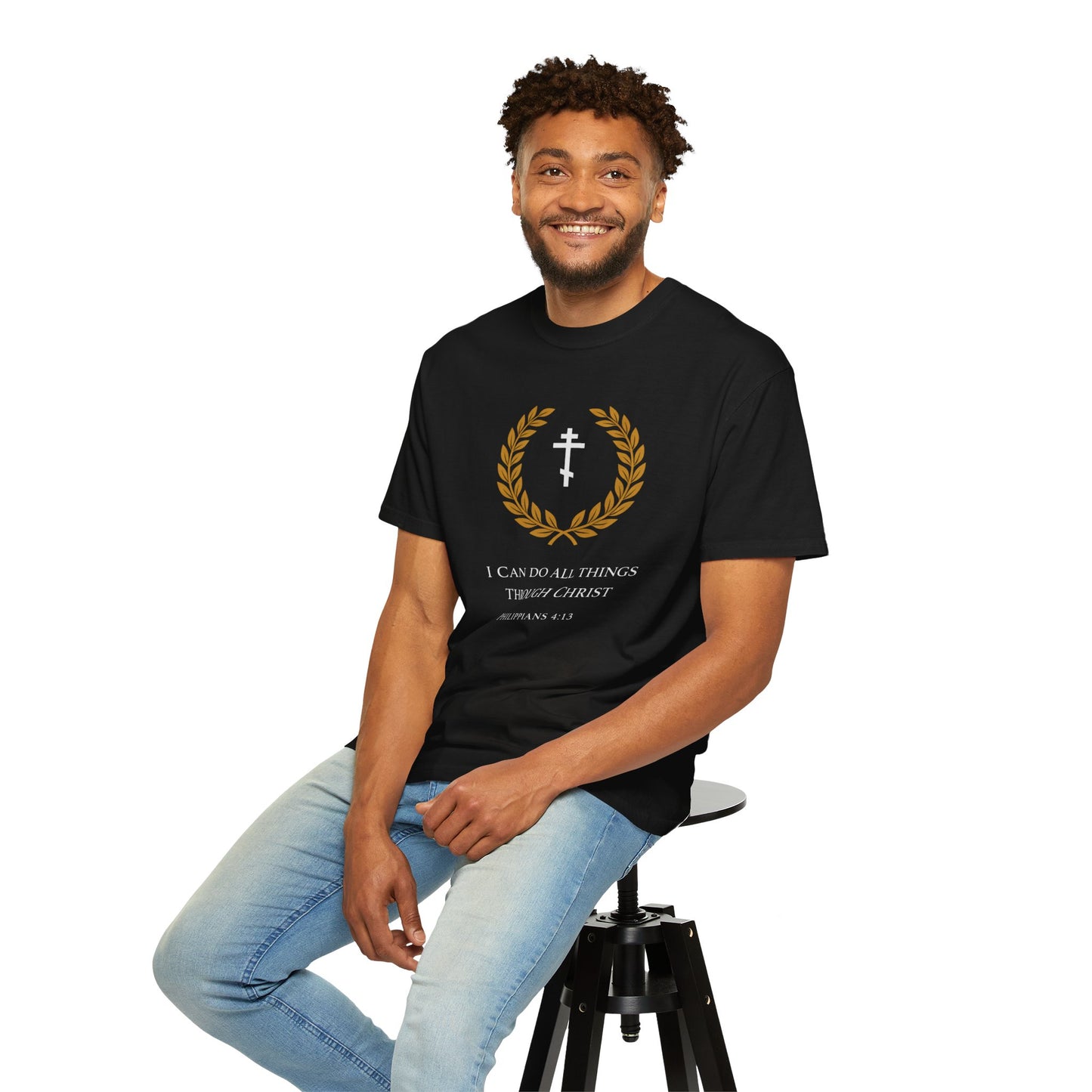 Christian T-Shirt — "I Can Do All Things Through Christ" Philippians 4:13 Cross Laurel Design