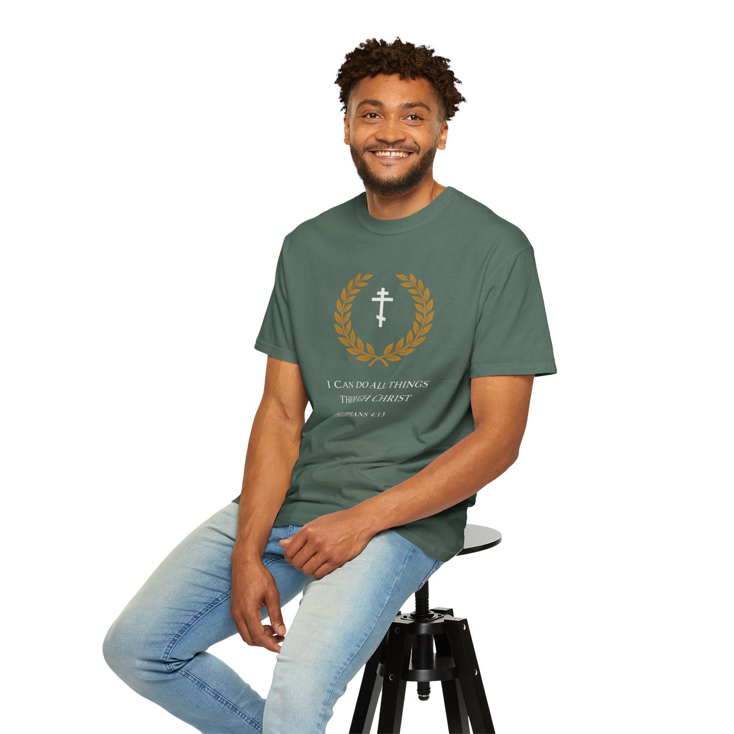 Christian T-Shirt — "I Can Do All Things Through Christ" Philippians 4:13 Cross Laurel Design