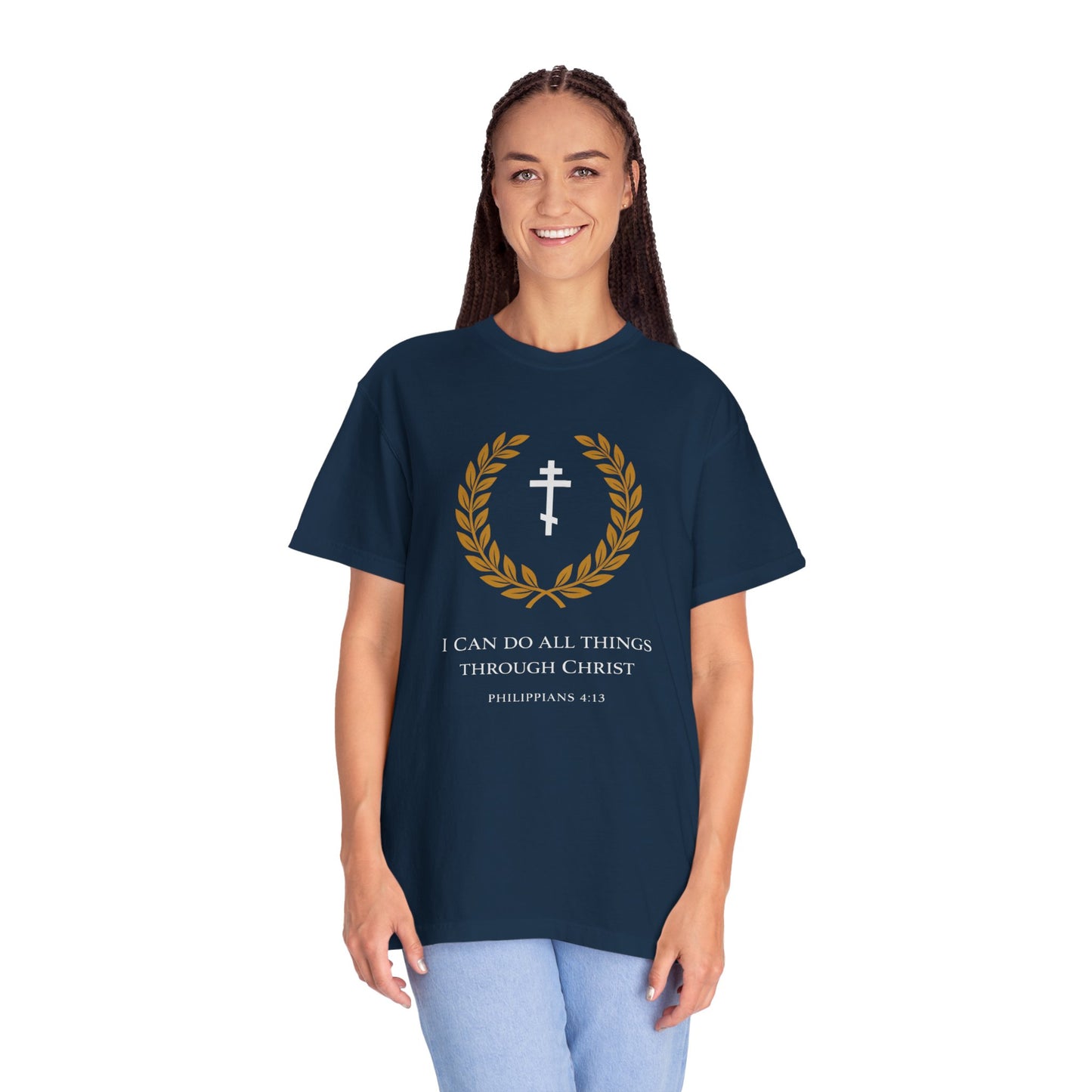 Christian T-Shirt — "I Can Do All Things Through Christ" Philippians 4:13 Cross Laurel Design