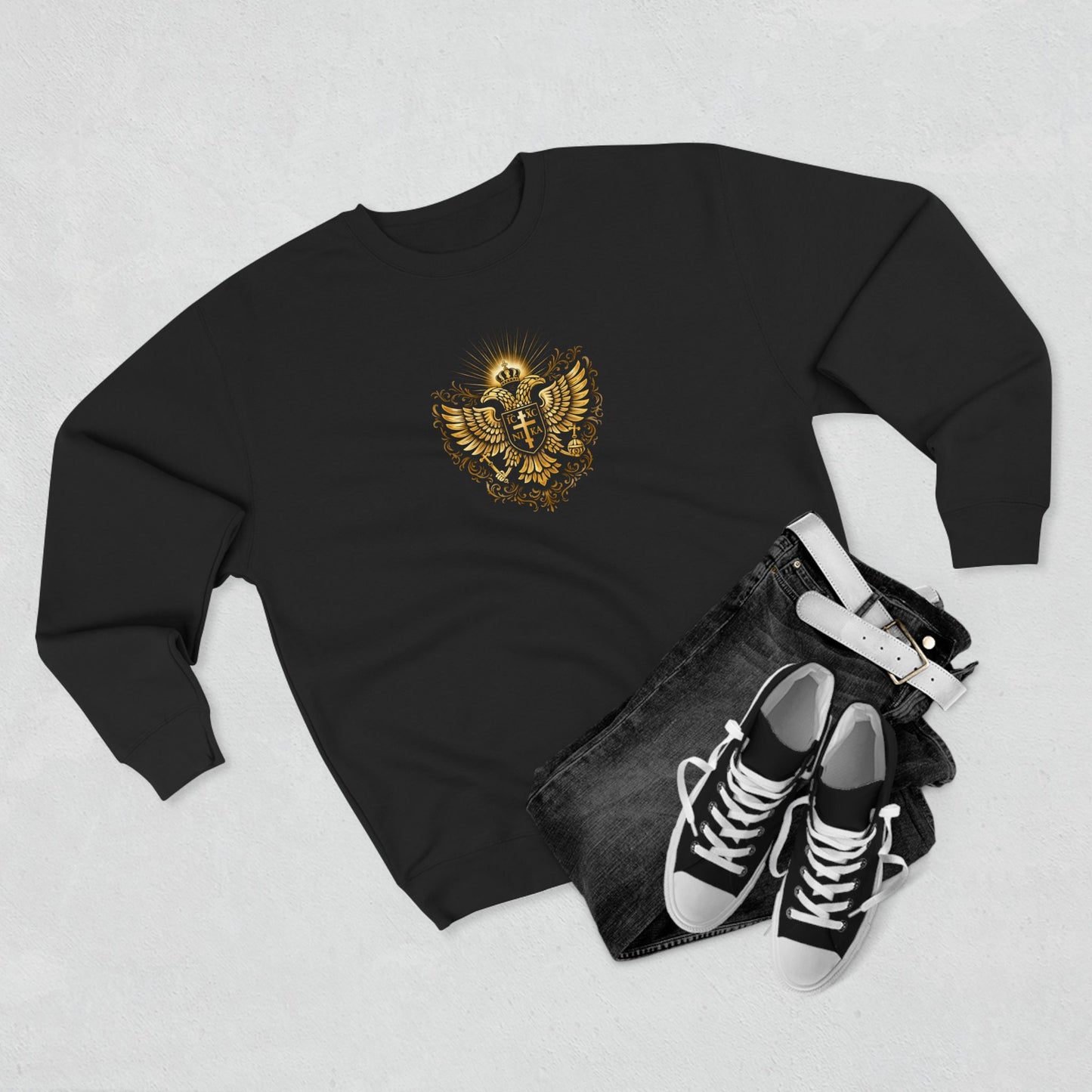 Orthodox Cross Crewneck Sweatshirt — Byzantine Icon Chest & Back Design
