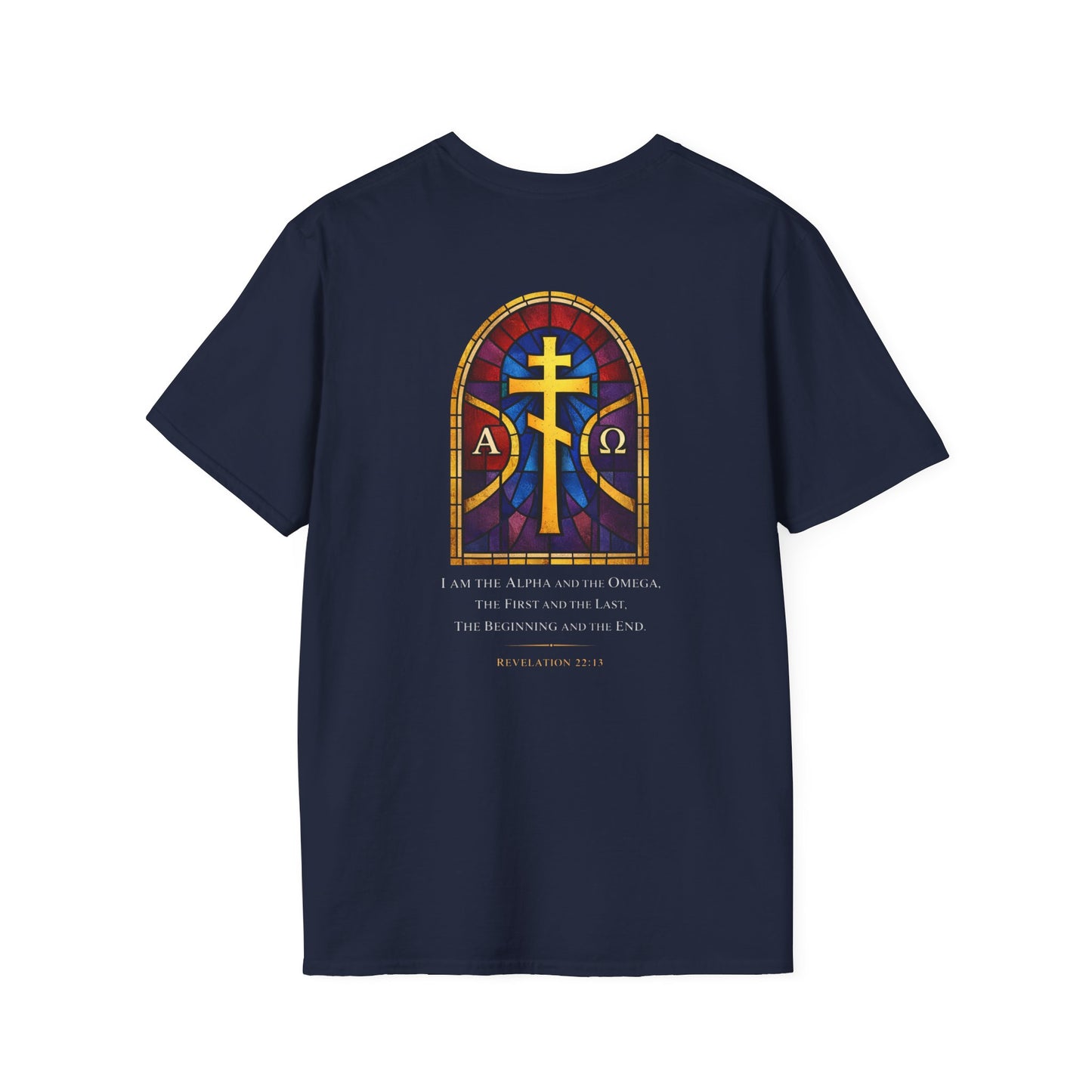 Christian Stained Glass Cross T-Shirt — "I Am the Alpha and the Omega"