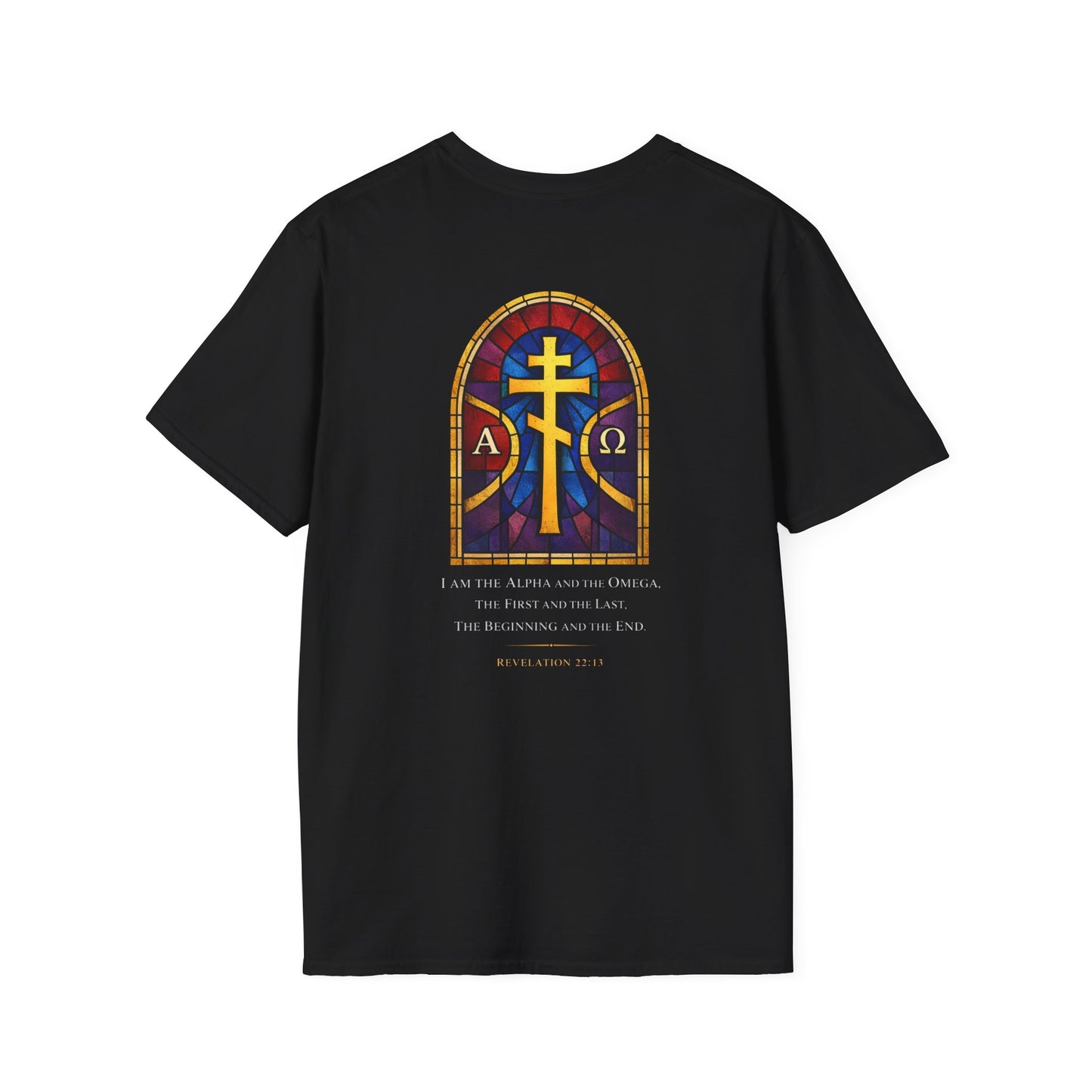 Christian Stained Glass Cross T-Shirt — "I Am the Alpha and the Omega"