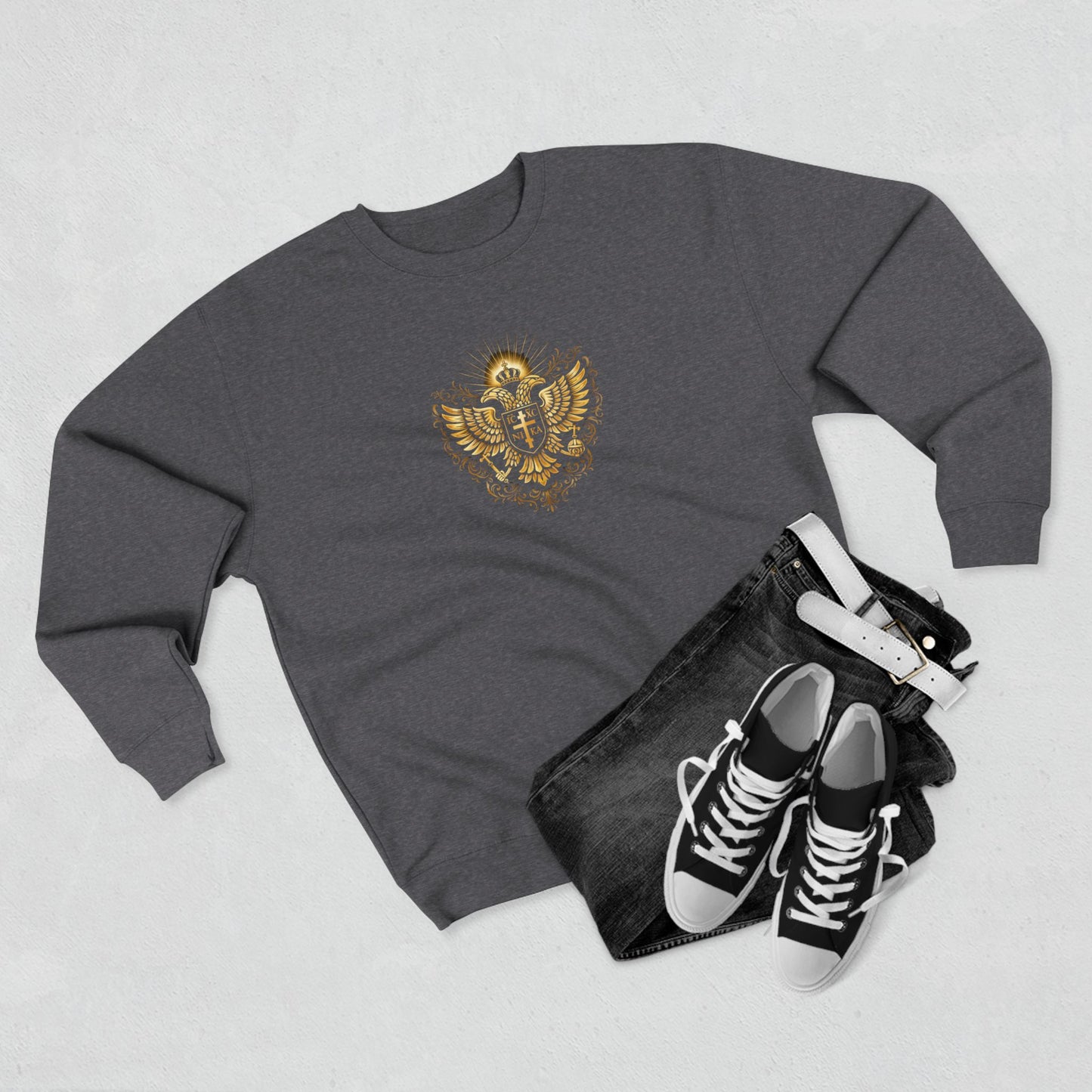 Orthodox Cross Crewneck Sweatshirt — Byzantine Icon Chest & Back Design