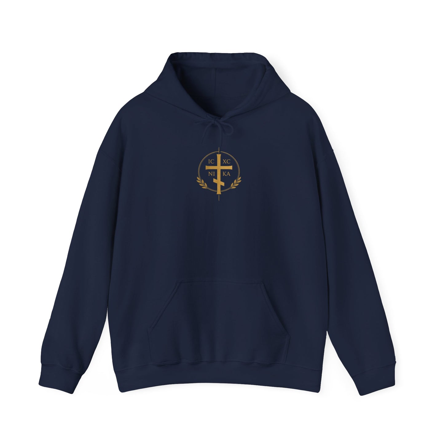 Christian Cross Hoodie — Gold Cross with Wings & Laurel Comfort Pullover
