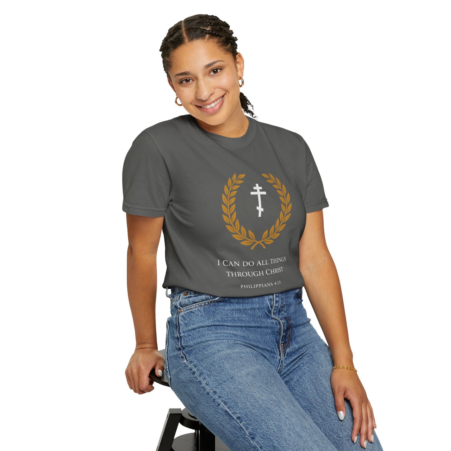 Christian T-Shirt — "I Can Do All Things Through Christ" Philippians 4:13 Cross Laurel Design