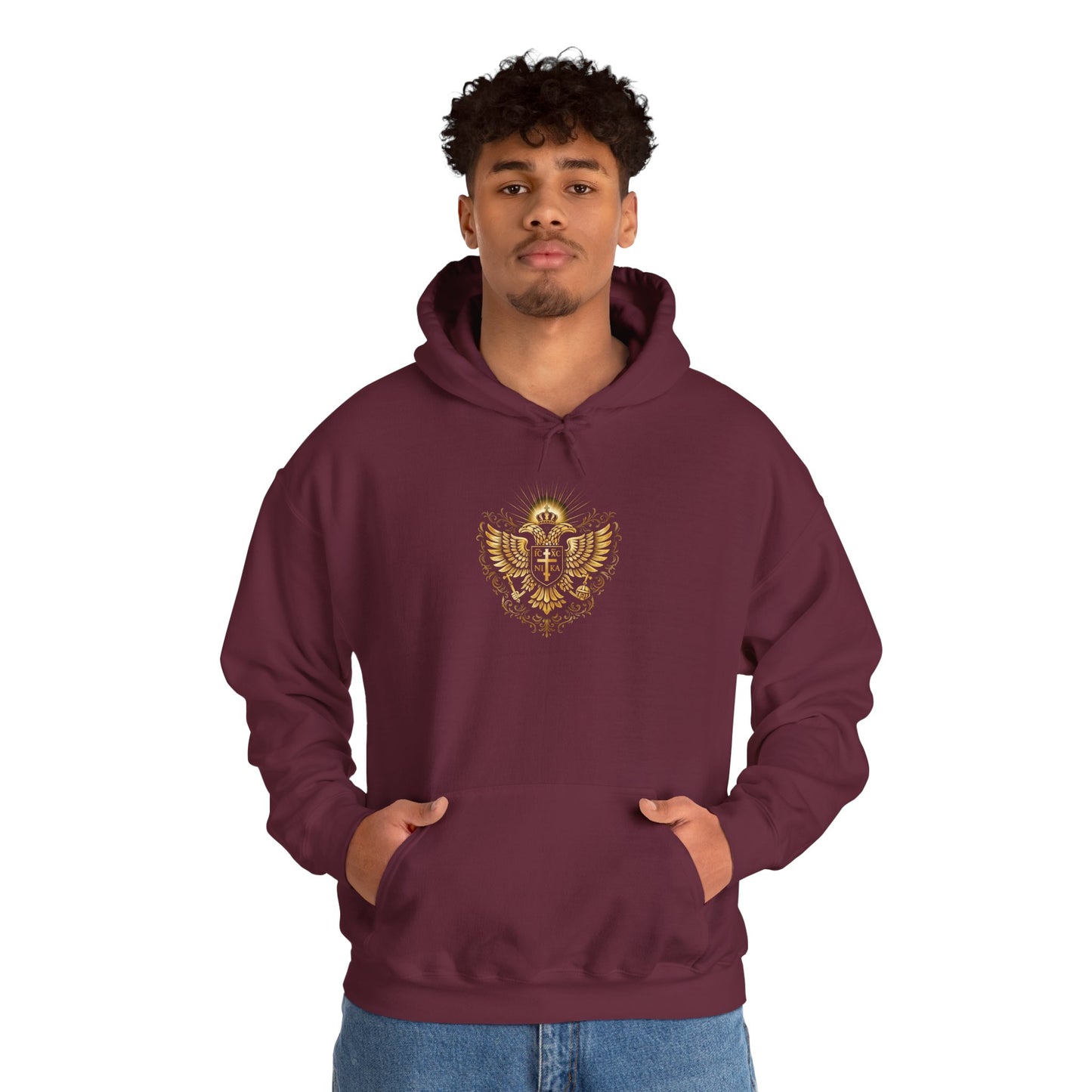 Christian Cross & Eagle Hoodie — Faith-Based Gold Emblem Sweatshirt