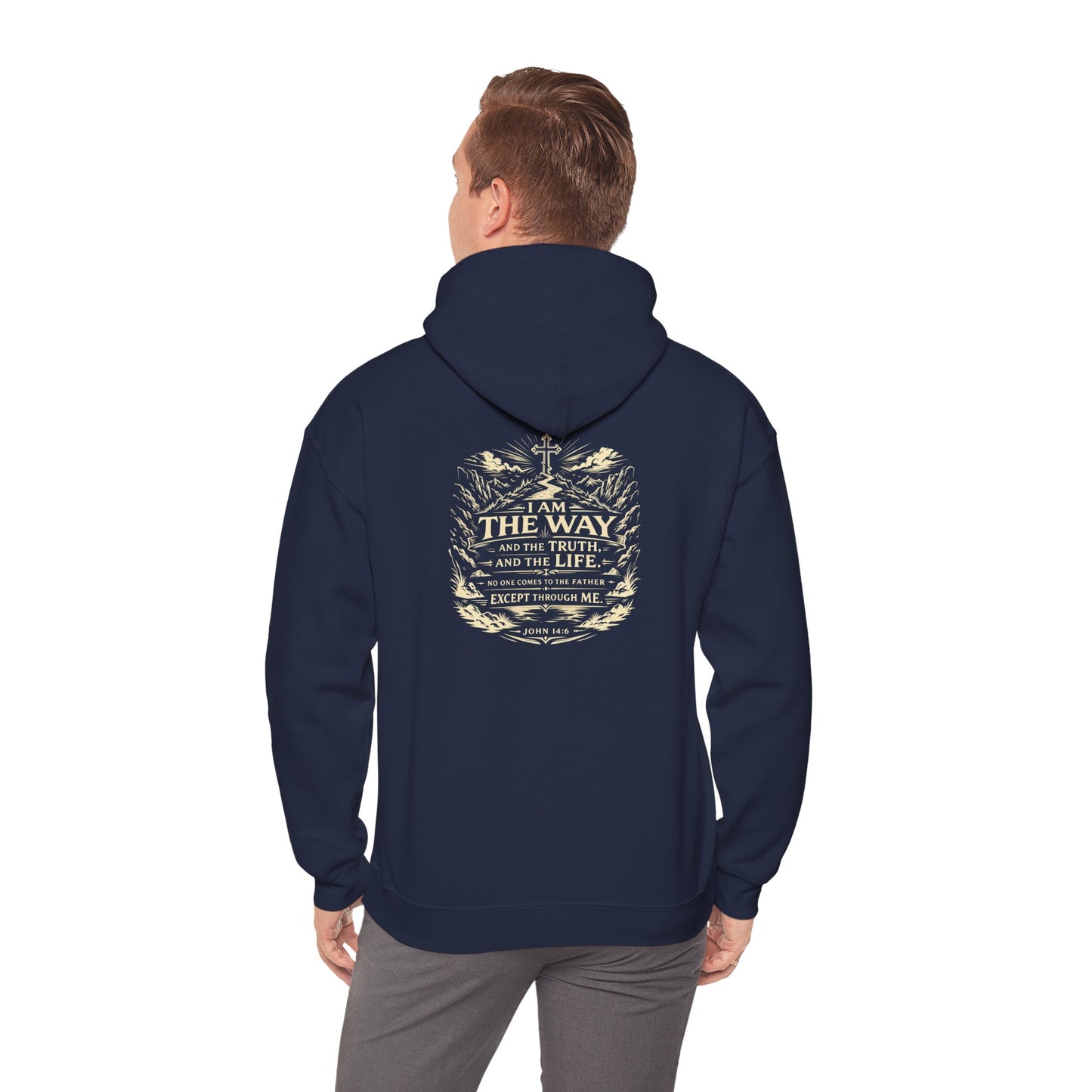 Christian Cross Hoodie — "I Am The Way" Scripture Back Print