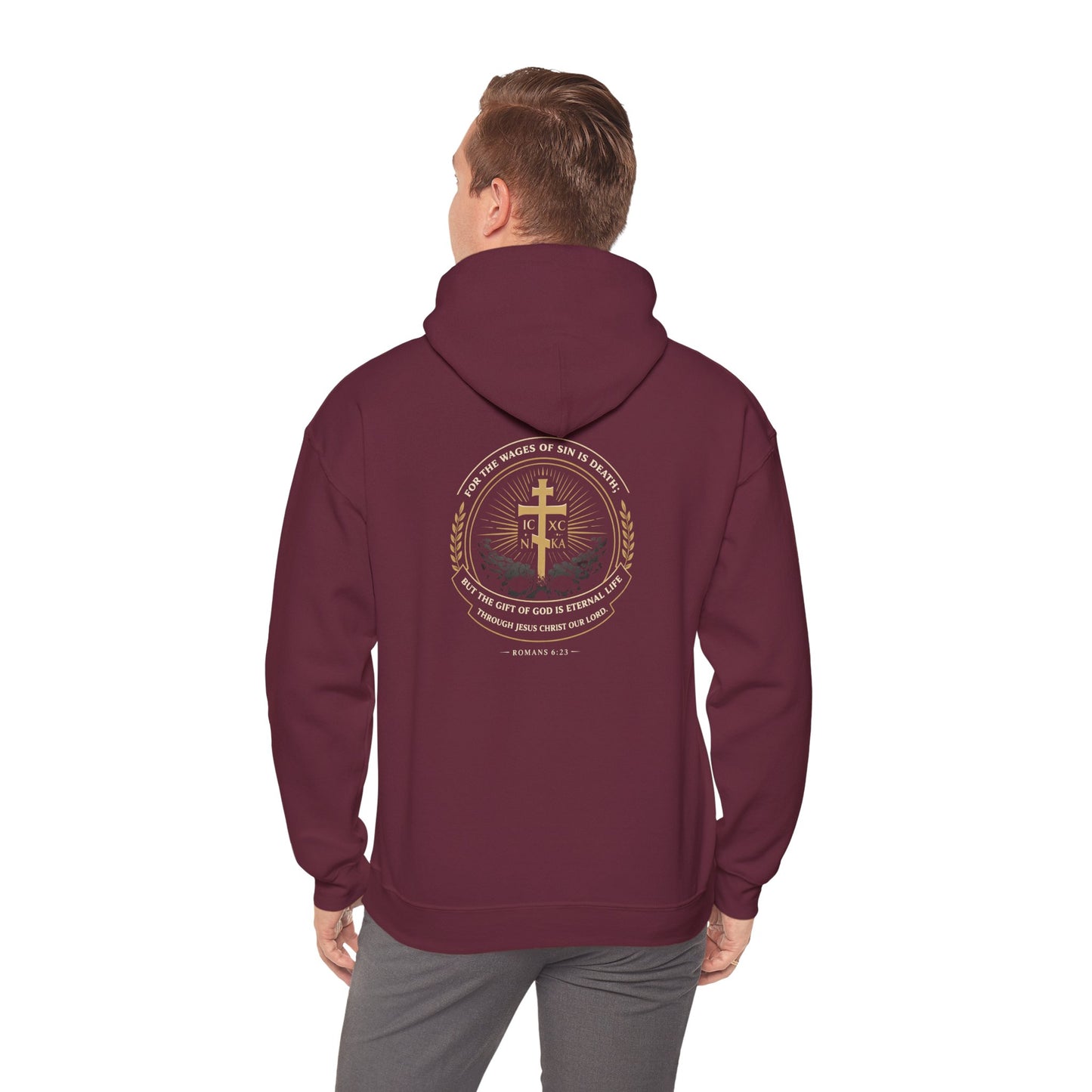 Christian Cross Hoodie — Gold Cross with Wings & Laurel Comfort Pullover