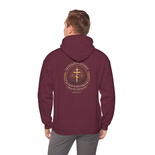 Christian Cross Hoodie — Gold Cross with Wings & Laurel Comfort Pullover