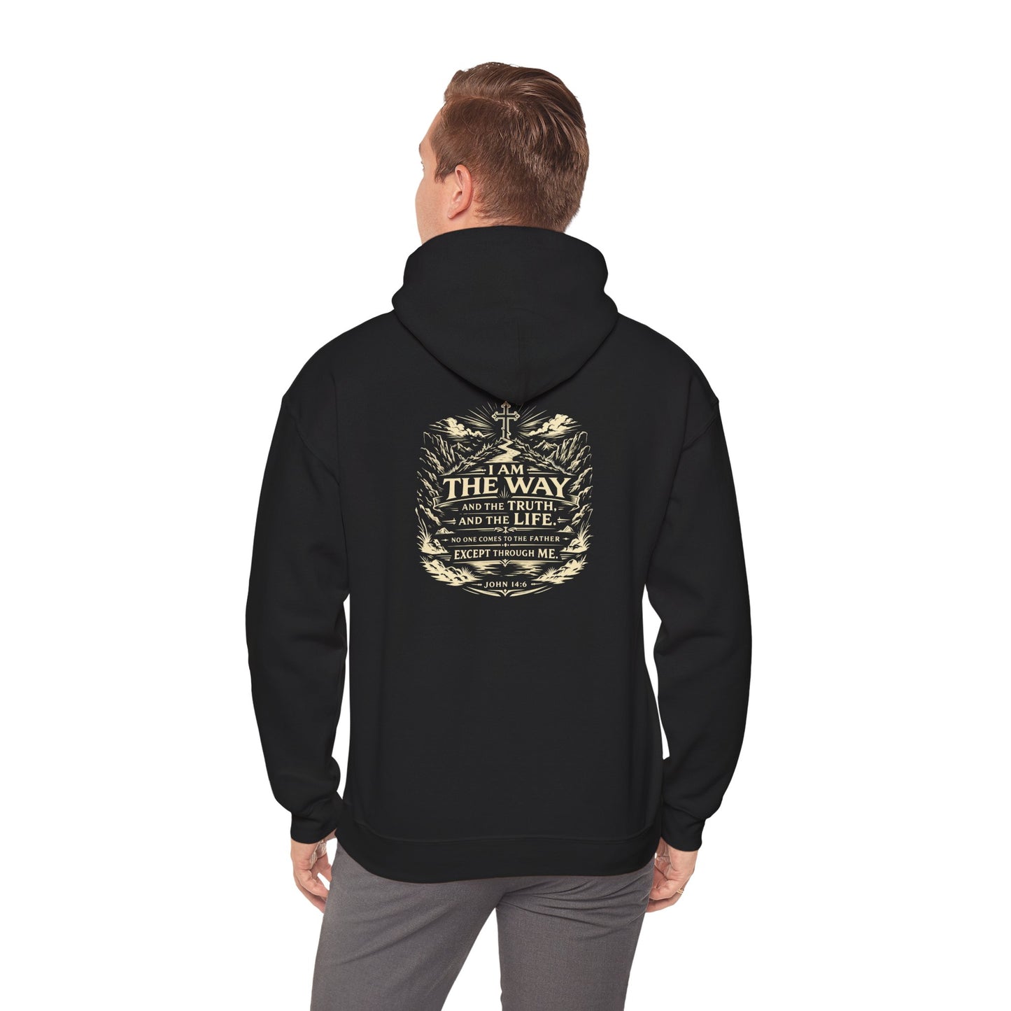 Christian Cross Hoodie — "I Am The Way" Scripture Back Print