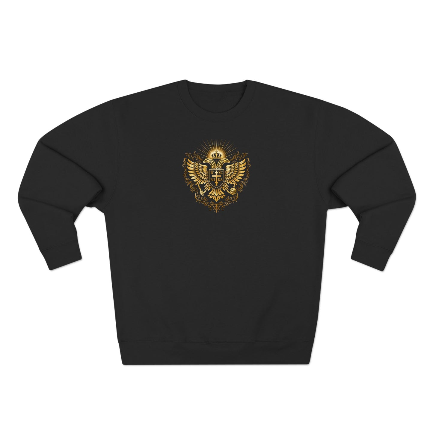 Golden Double-Headed Eagle Crewneck Sweatshirt — "I Am the Alpha and the Omega" Back Graphic