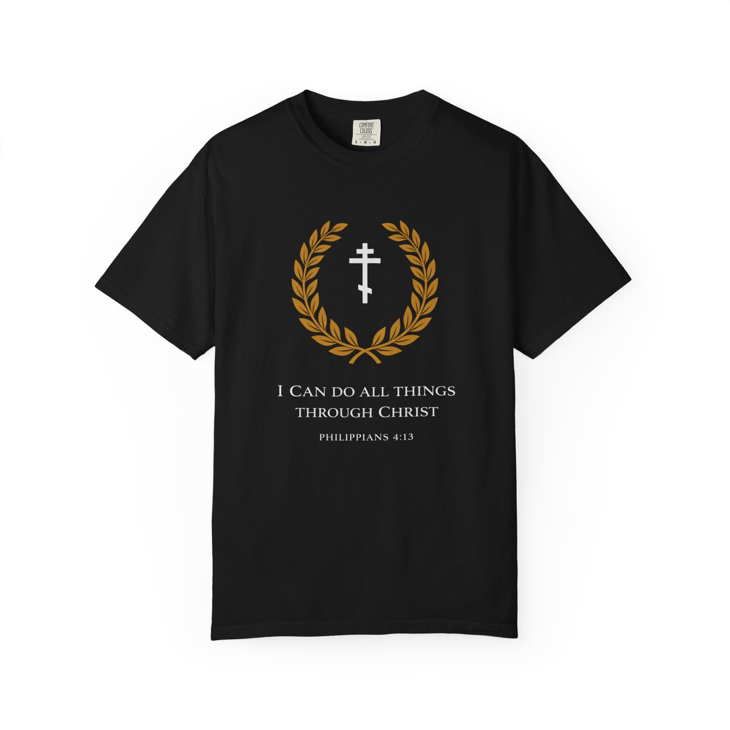 Christian T-Shirt — "I Can Do All Things Through Christ" Philippians 4:13 Cross Laurel Design