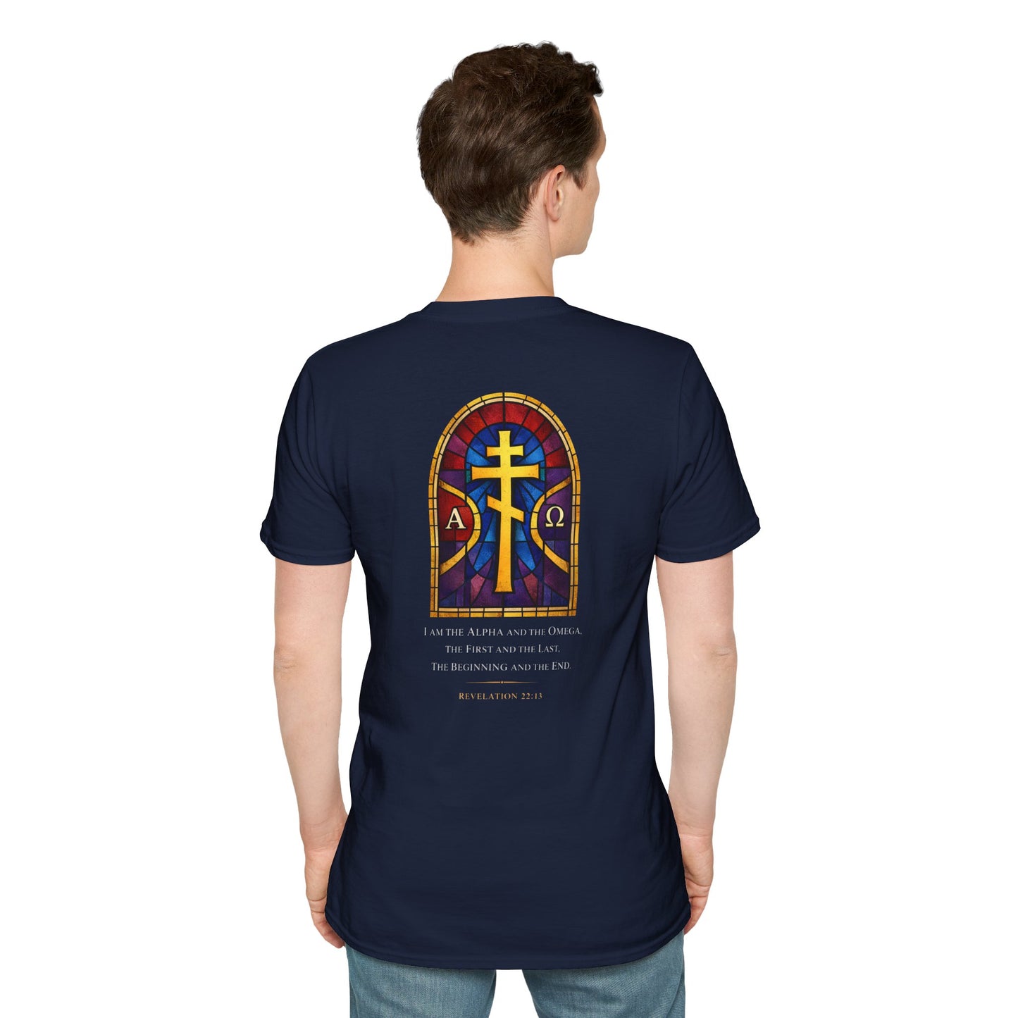 Christian Stained Glass Cross T-Shirt — "I Am the Alpha and the Omega"