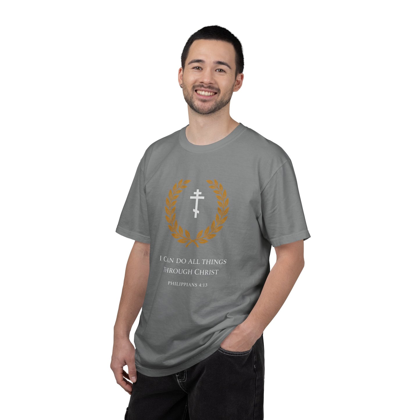 Christian T-Shirt — "I Can Do All Things Through Christ" Philippians 4:13 Cross Laurel Design