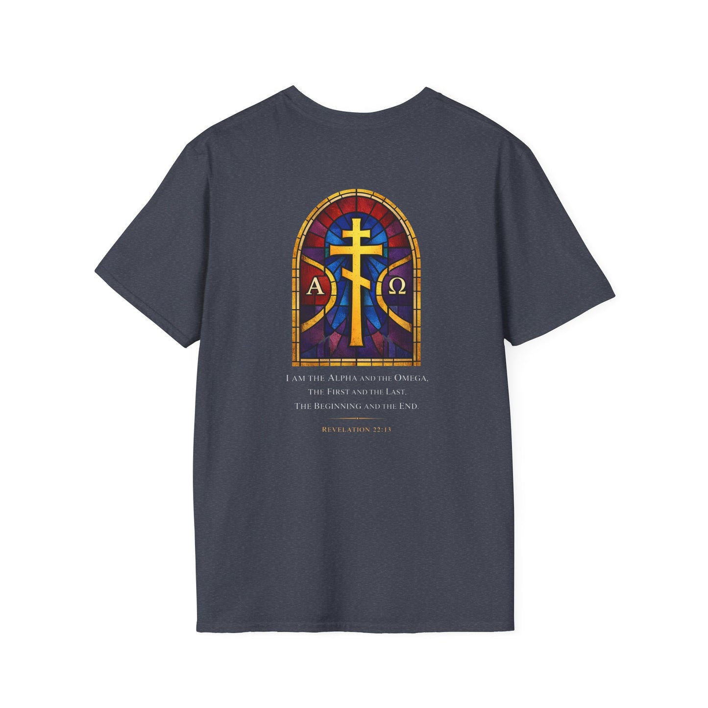 Christian Stained Glass Cross T-Shirt — "I Am the Alpha and the Omega"