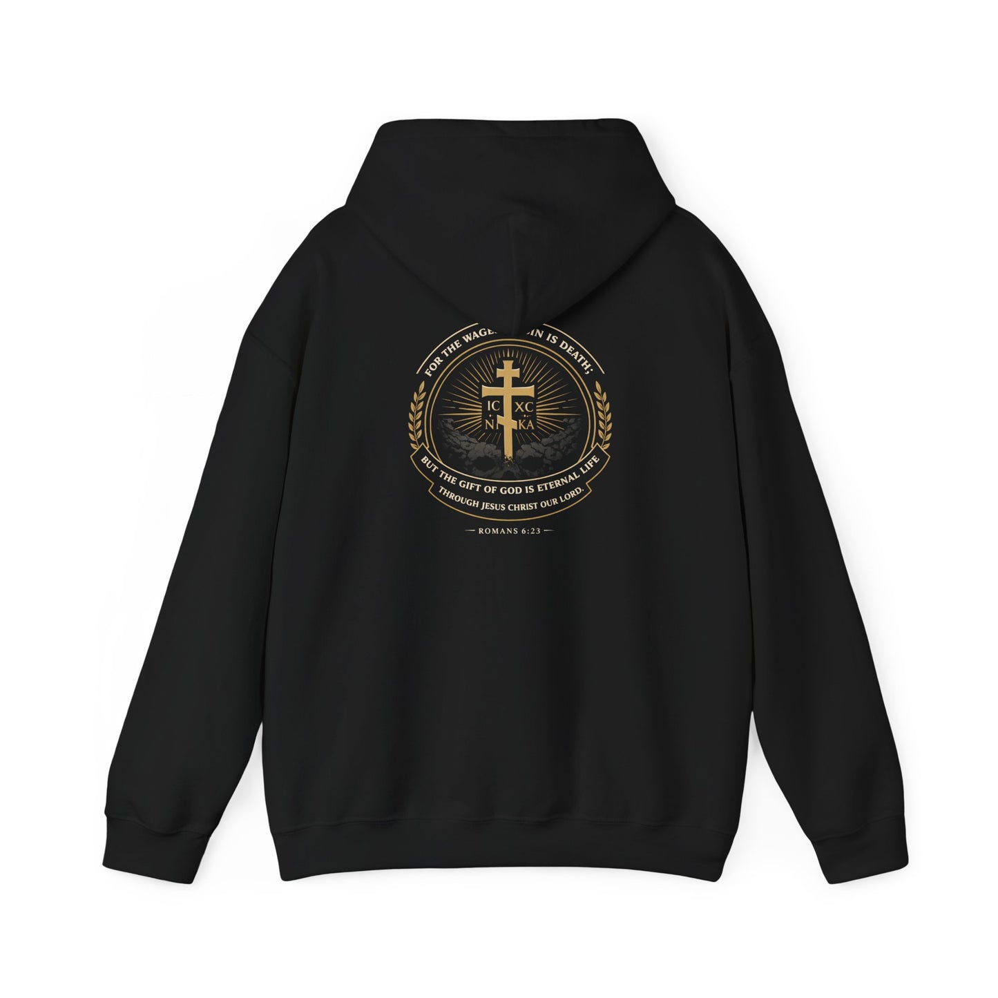Christian Cross Hoodie — Gold Cross with Wings & Laurel Comfort Pullover