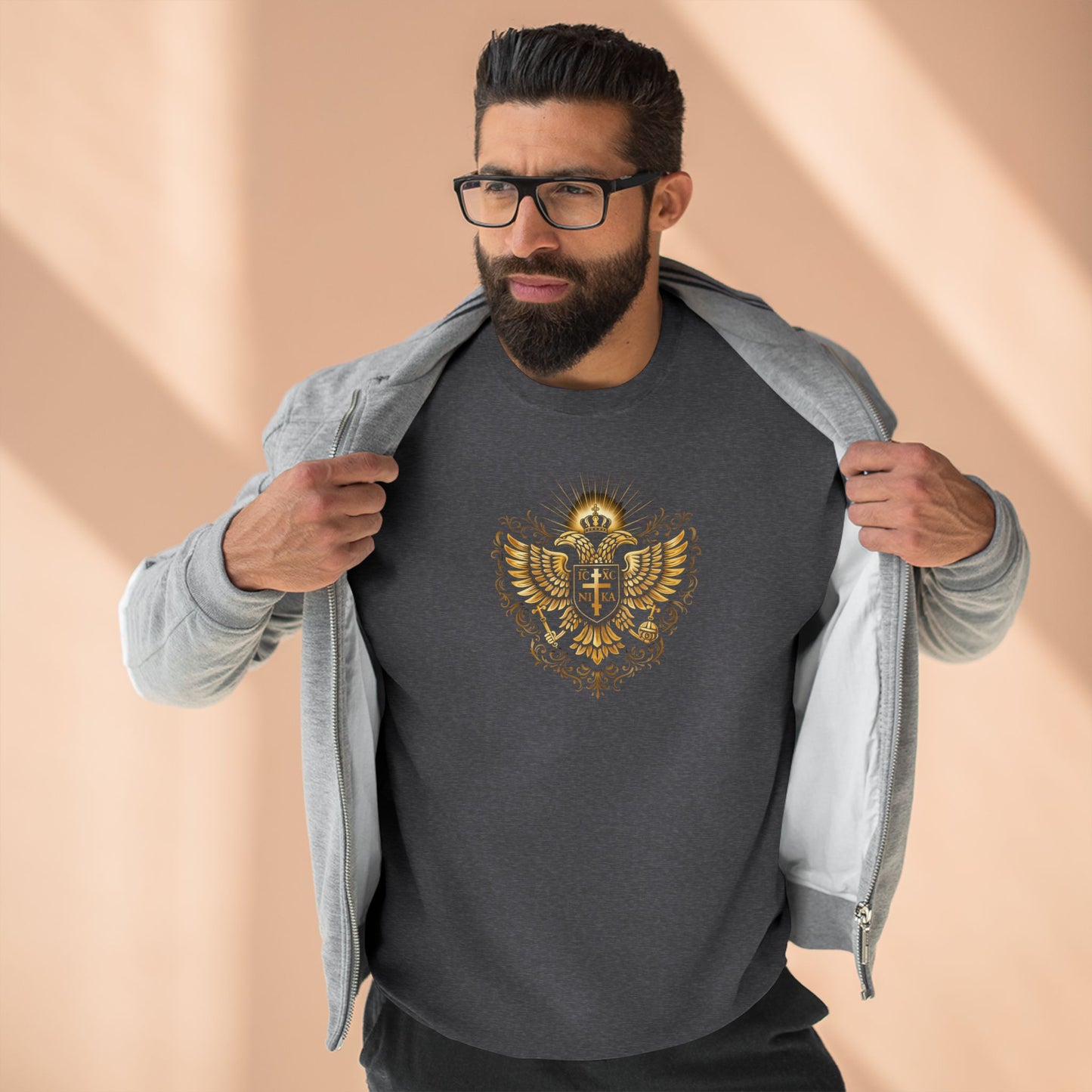 Golden Double-Headed Eagle Crewneck Sweatshirt — "I Am the Alpha and the Omega" Back Graphic