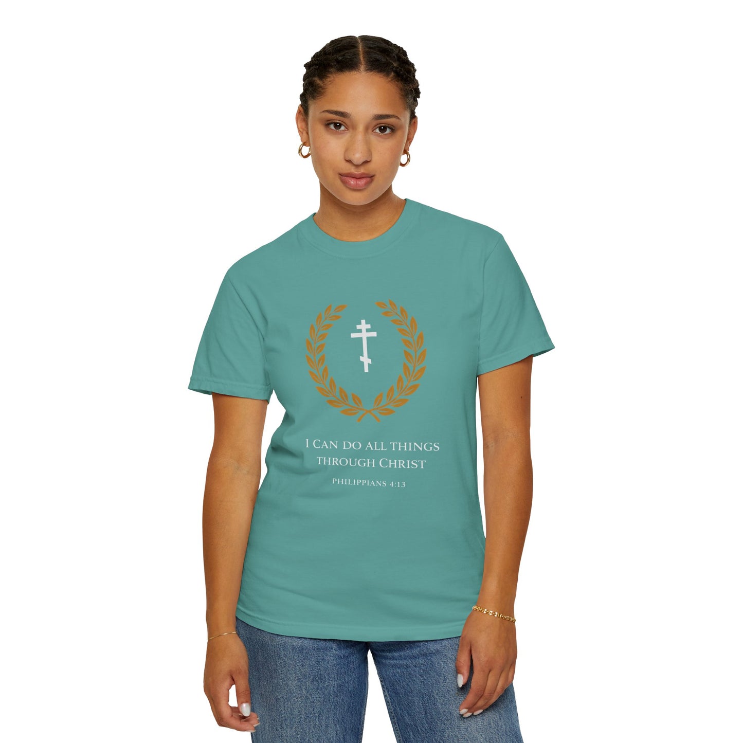 Christian T-Shirt — "I Can Do All Things Through Christ" Philippians 4:13 Cross Laurel Design