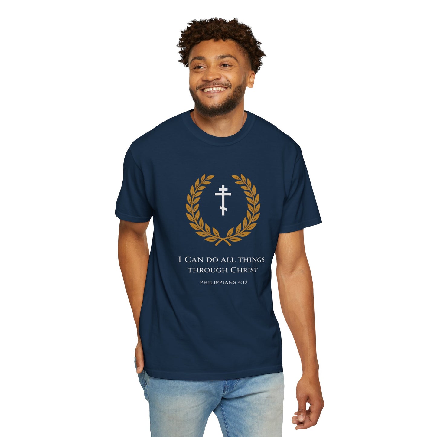 Christian T-Shirt — "I Can Do All Things Through Christ" Philippians 4:13 Cross Laurel Design