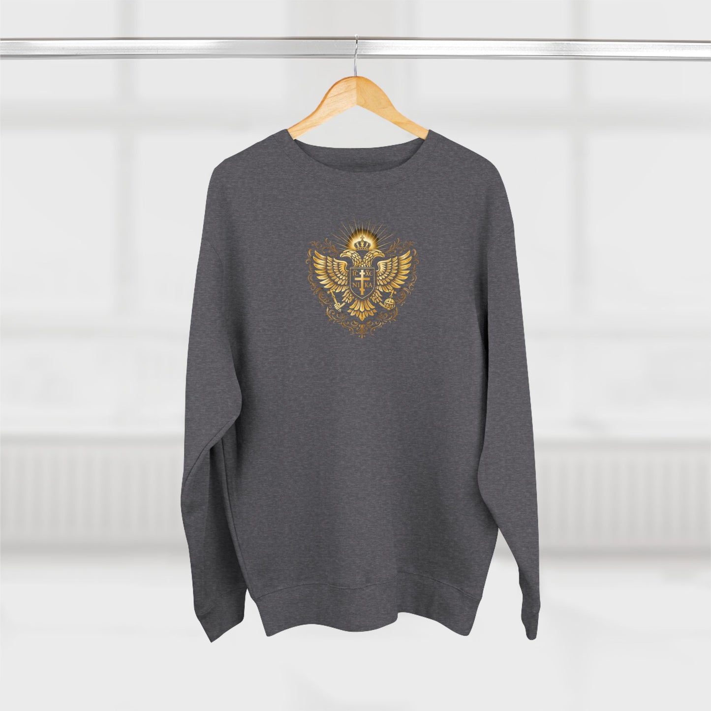 Golden Double-Headed Eagle Crewneck Sweatshirt — "I Am the Alpha and the Omega" Back Graphic