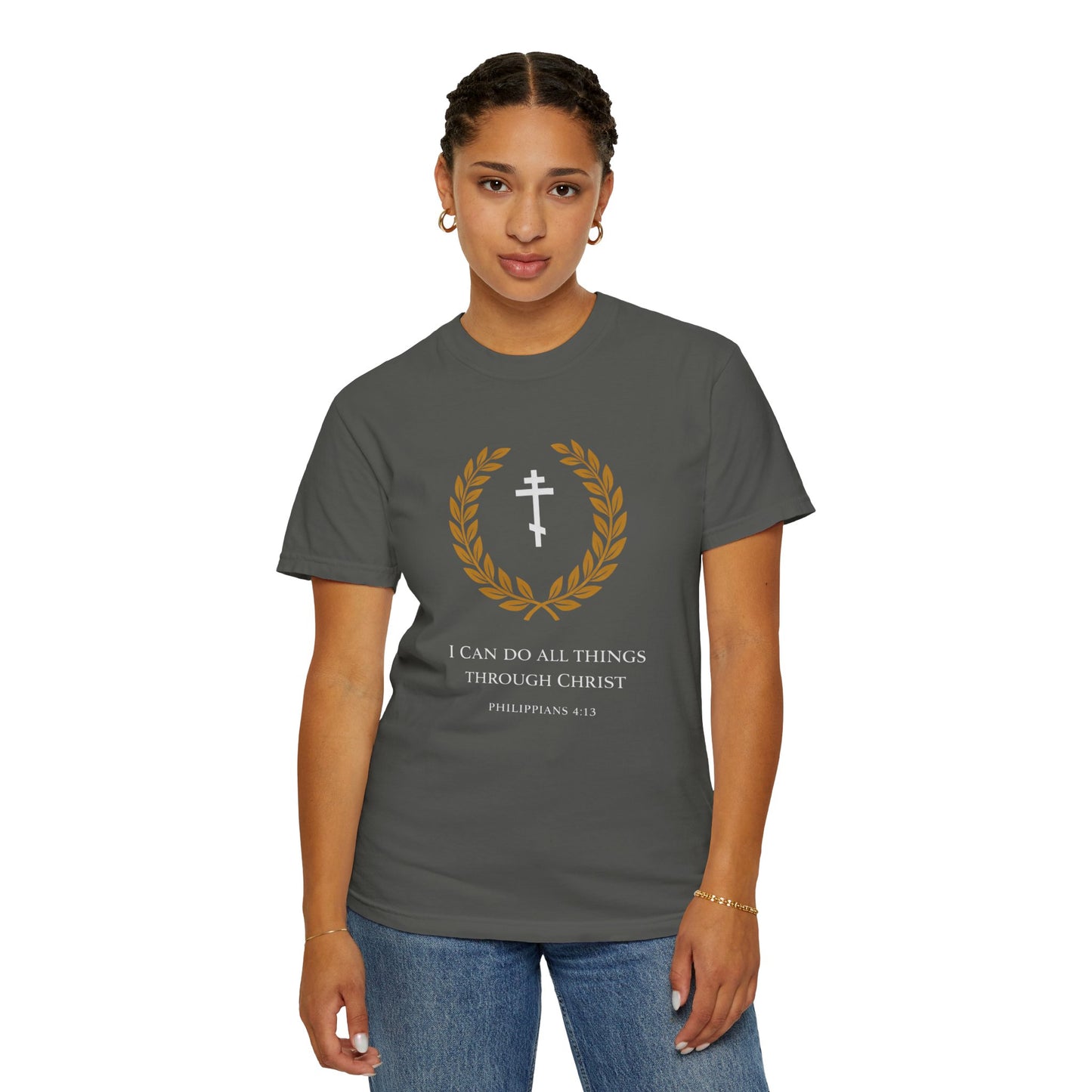 Christian T-Shirt — "I Can Do All Things Through Christ" Philippians 4:13 Cross Laurel Design