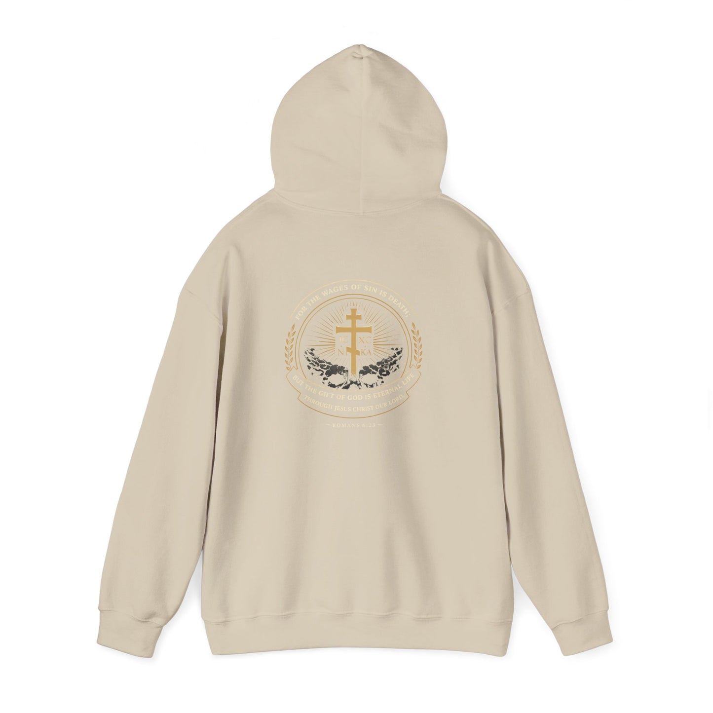 Christian Cross Hoodie — Gold Cross with Wings & Laurel Comfort Pullover