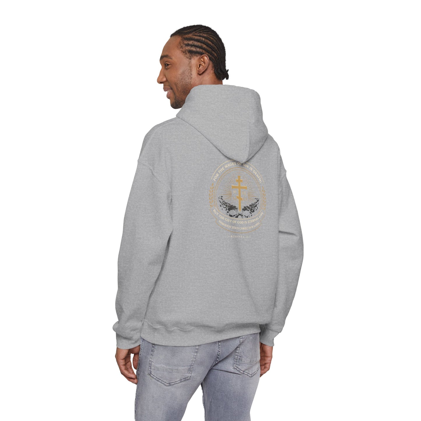 Christian Cross Hoodie — Gold Cross with Wings & Laurel Comfort Pullover