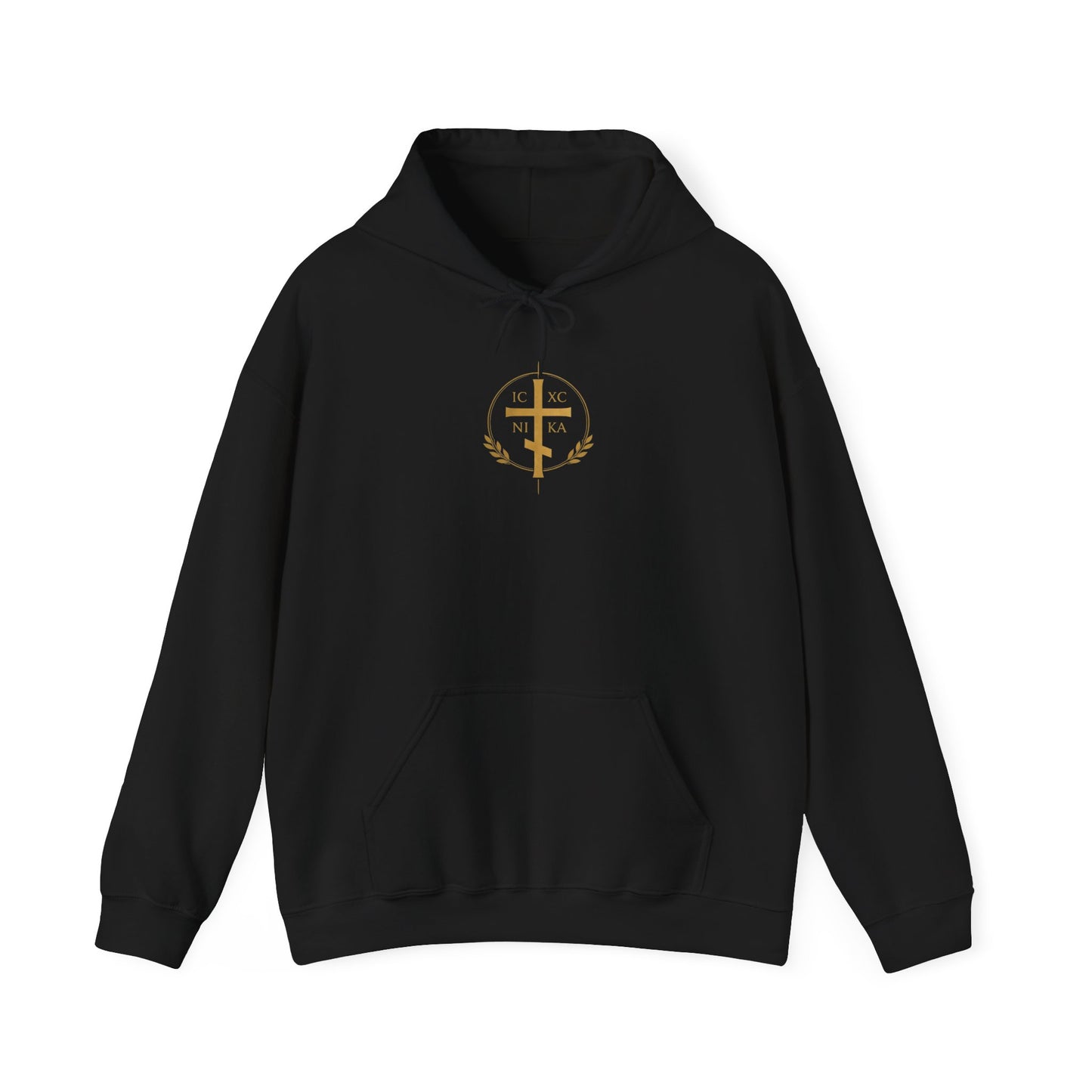 Christian Cross Hoodie — Gold Cross with Wings & Laurel Comfort Pullover