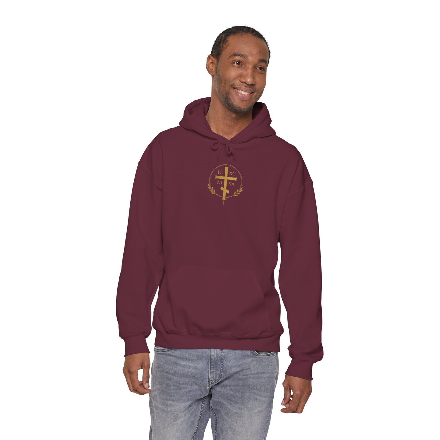 Christian Cross Hoodie — Gold Cross with Wings & Laurel Comfort Pullover