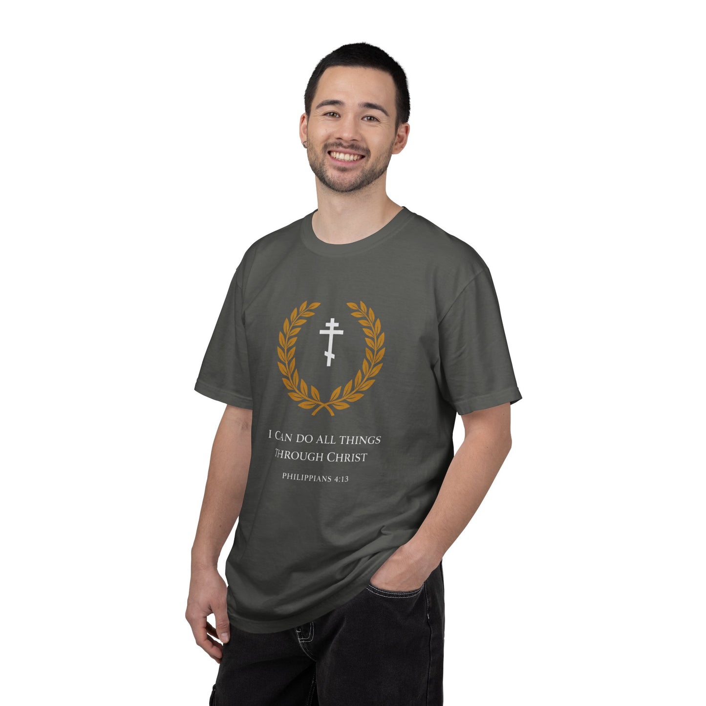 Christian T-Shirt — "I Can Do All Things Through Christ" Philippians 4:13 Cross Laurel Design