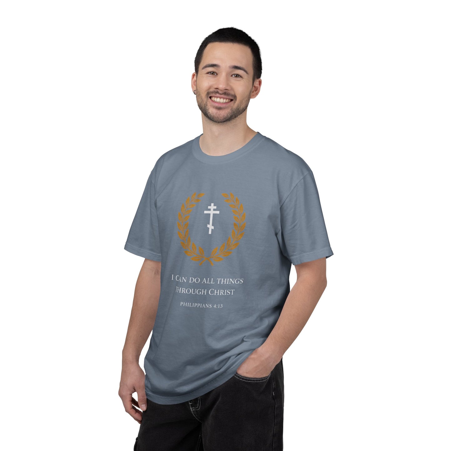 Christian T-Shirt — "I Can Do All Things Through Christ" Philippians 4:13 Cross Laurel Design